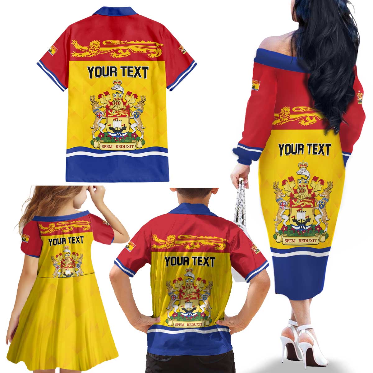 Personalized Canada New Brunswick Province Family Matching Off The Shoulder Long Sleeve Dress and Hawaiian Shirt Golden Lion Lymphad