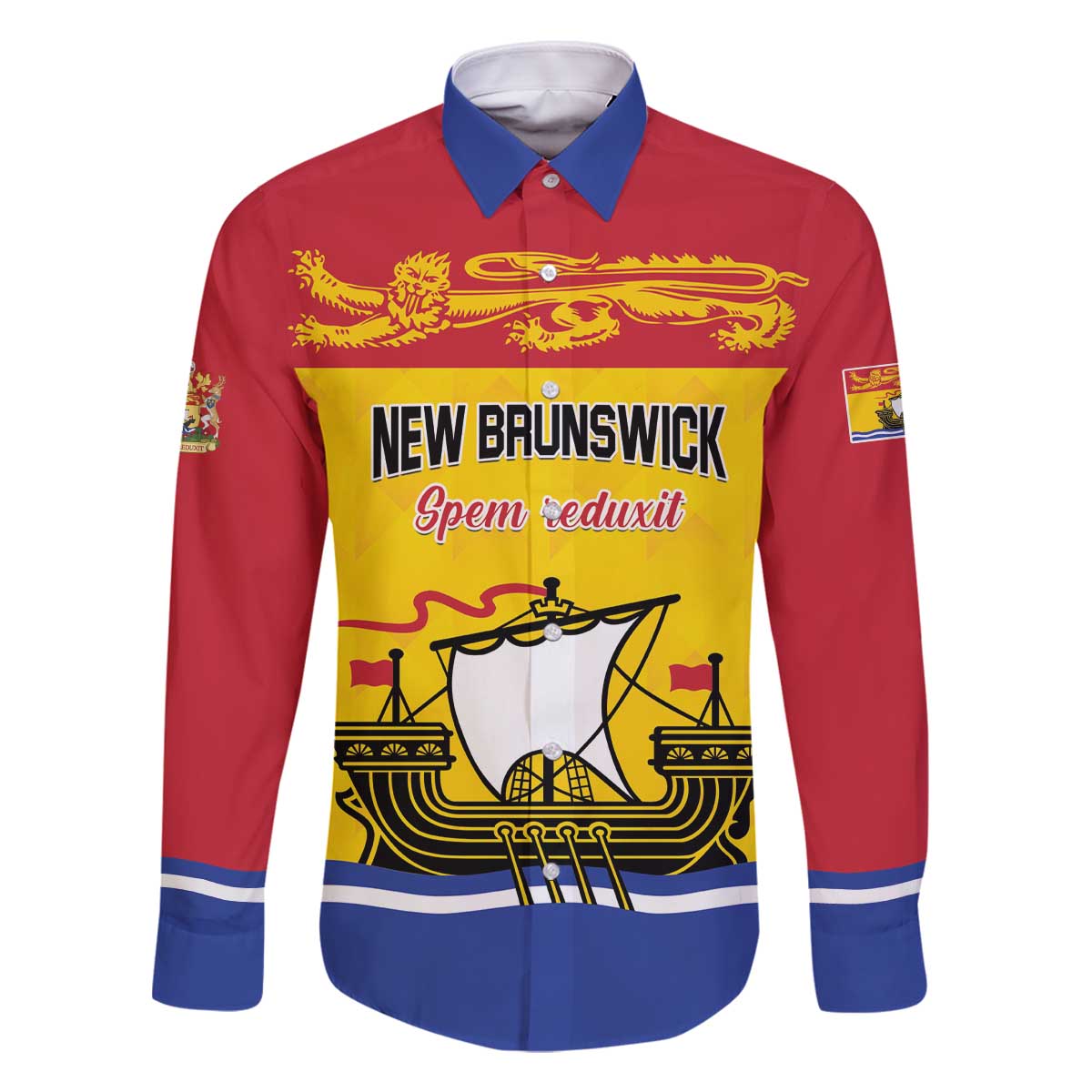 Personalized Canada New Brunswick Province Family Matching Off The Shoulder Long Sleeve Dress and Hawaiian Shirt Golden Lion Lymphad