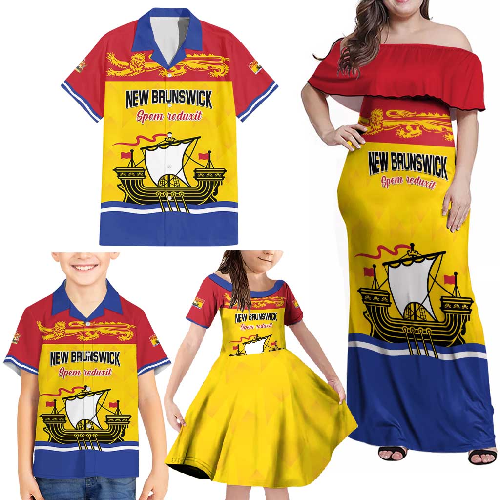 Personalized Canada New Brunswick Province Family Matching Off Shoulder Maxi Dress and Hawaiian Shirt Golden Lion Lymphad