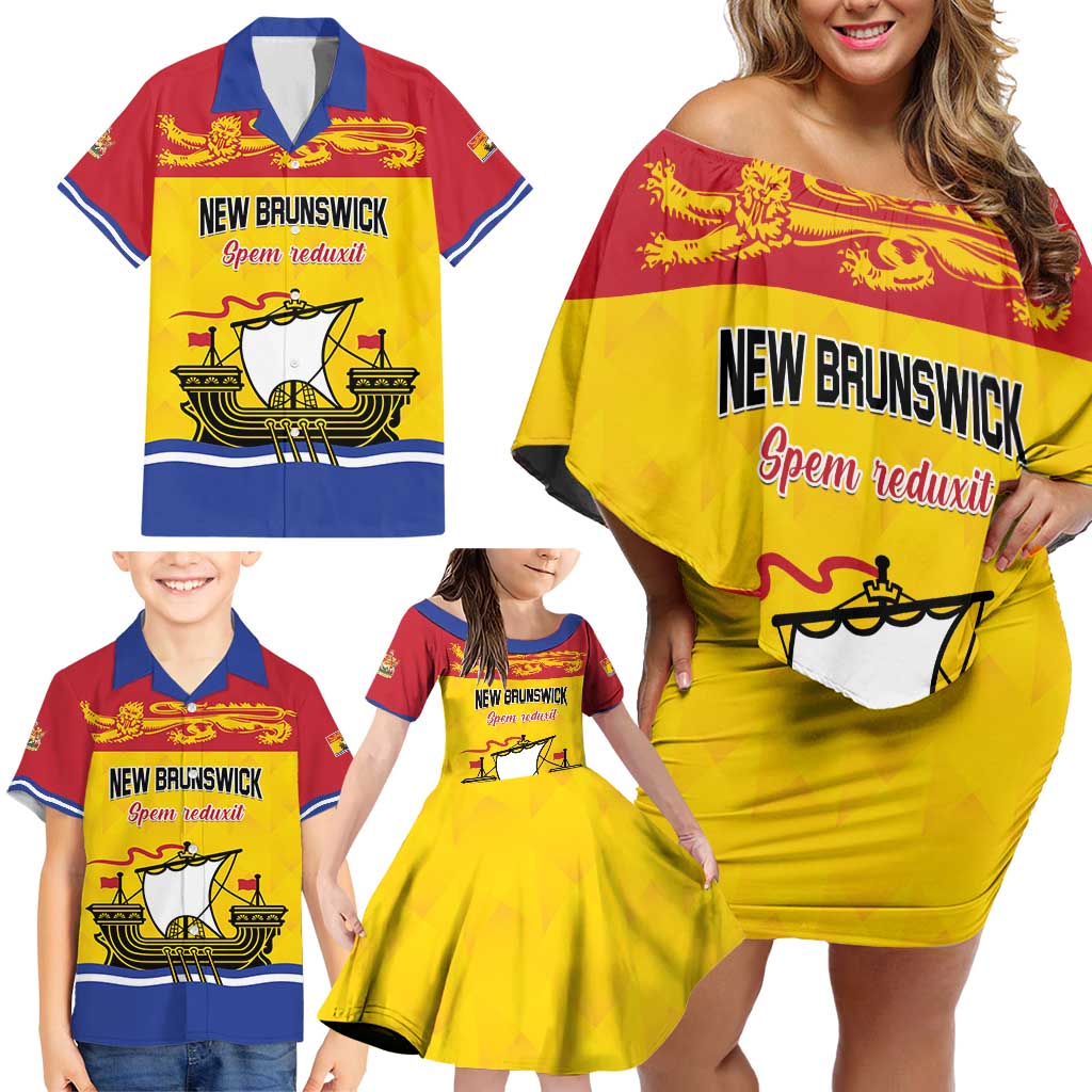 Personalized Canada New Brunswick Province Family Matching Off Shoulder Short Dress and Hawaiian Shirt Golden Lion Lymphad