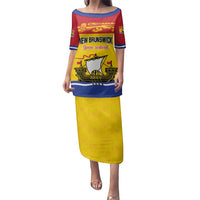 Personalized Canada New Brunswick Province Family Matching Puletasi and Hawaiian Shirt Golden Lion Lymphad