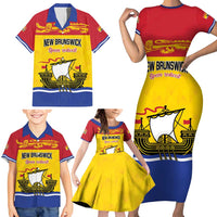 Personalized Canada New Brunswick Province Family Matching Short Sleeve Bodycon Dress and Hawaiian Shirt Golden Lion Lymphad