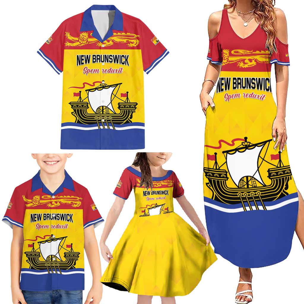 Personalized Canada New Brunswick Province Family Matching Summer Maxi Dress and Hawaiian Shirt Golden Lion Lymphad