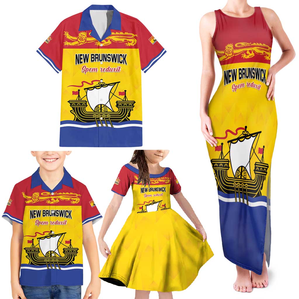 Personalized Canada New Brunswick Province Family Matching Tank Maxi Dress and Hawaiian Shirt Golden Lion Lymphad