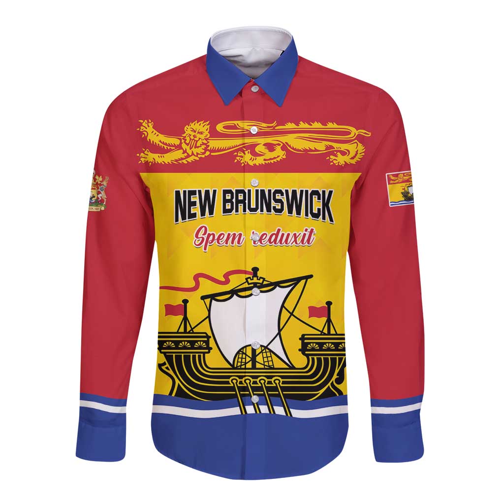 Personalized Canada New Brunswick Province Long Sleeve Button Shirt Golden Lion Lymphad
