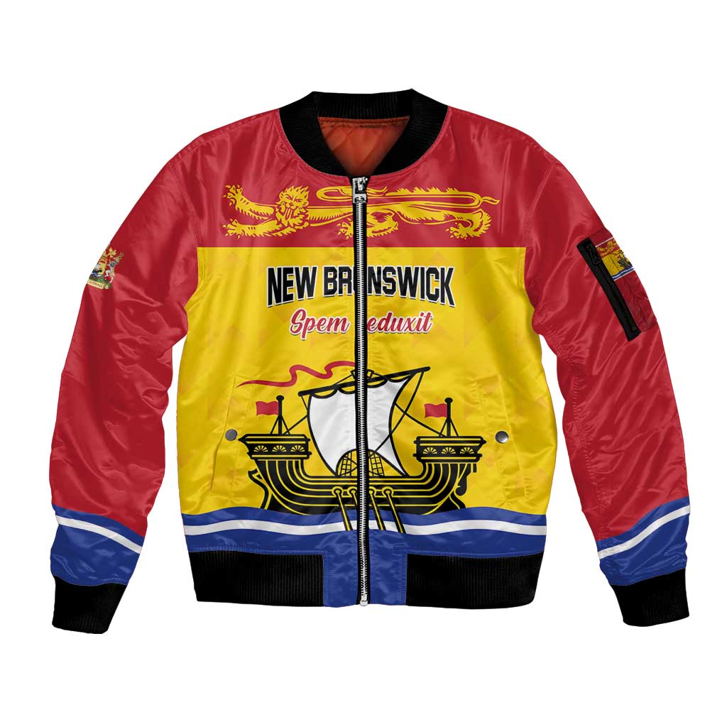 Personalized Canada New Brunswick Province Sleeve Zip Bomber Jacket Golden Lion Lymphad