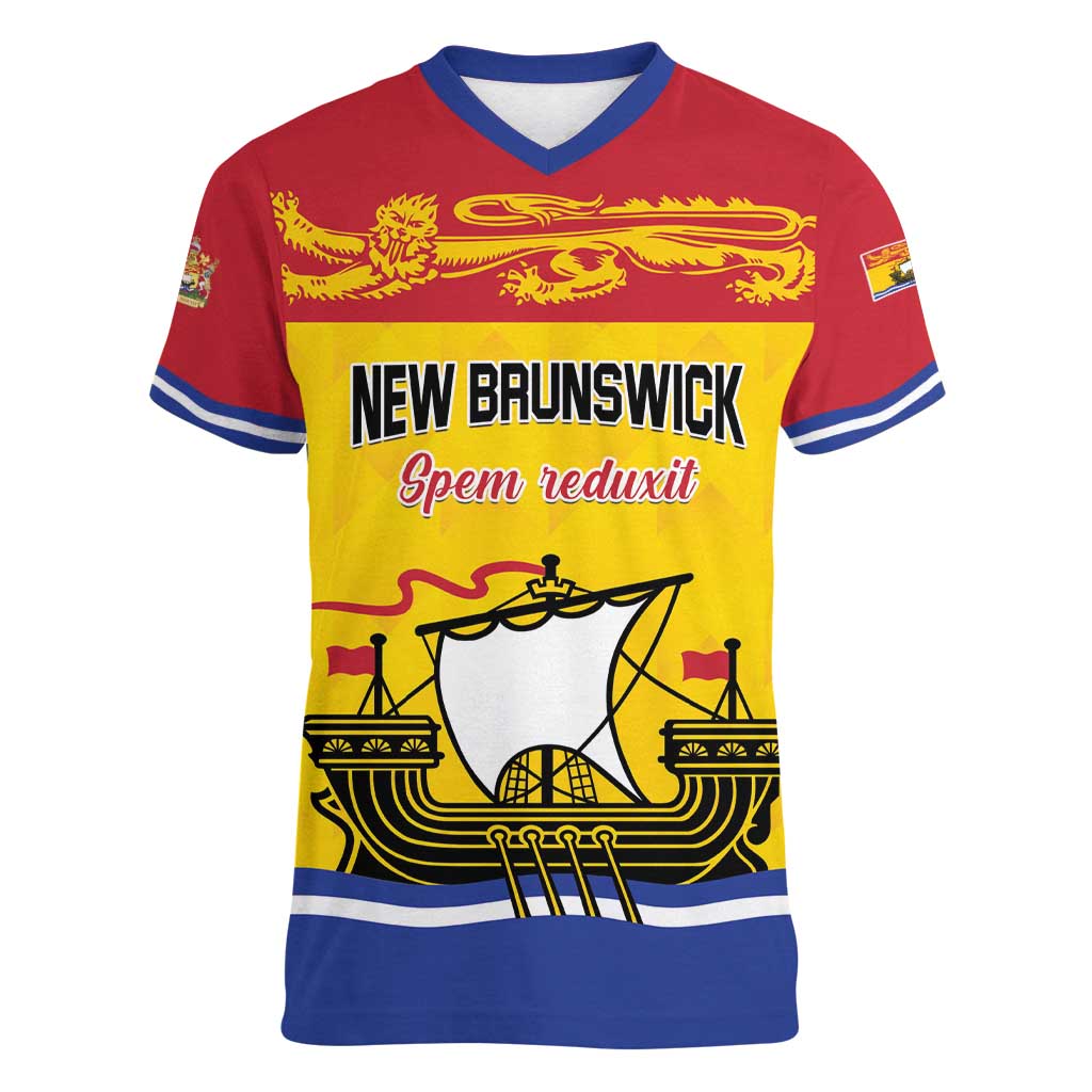 Personalized Canada New Brunswick Province Women V-Neck T-Shirt Golden Lion Lymphad