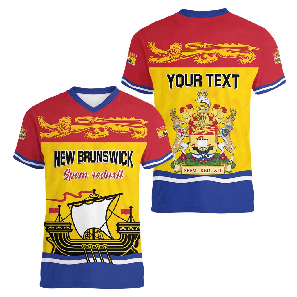 Personalized Canada New Brunswick Province Women V-Neck T-Shirt Golden Lion Lymphad