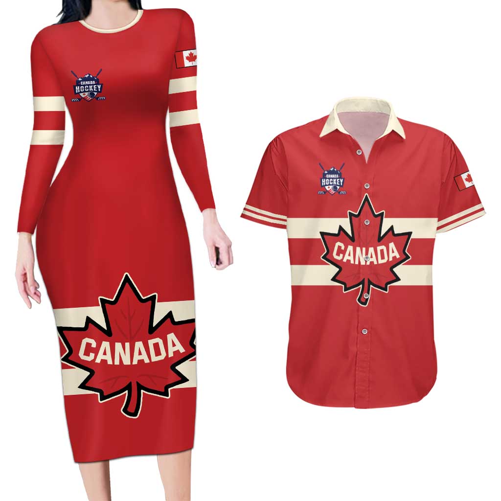 Custom Canada Hockey Couples Matching Long Sleeve Bodycon Dress and Hawaiian Shirt Canada Team Go Champions