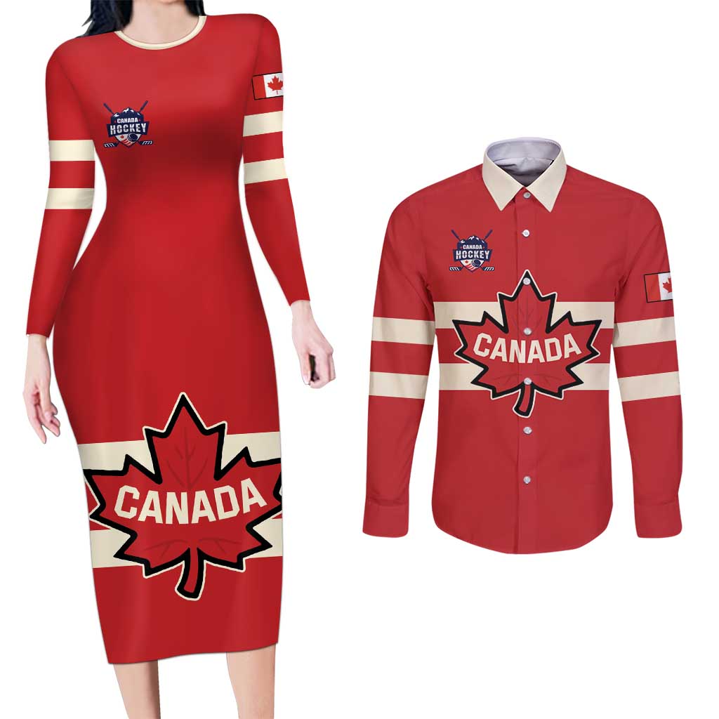 Custom Canada Hockey Couples Matching Long Sleeve Bodycon Dress and Long Sleeve Button Shirt Canada Team Go Champions