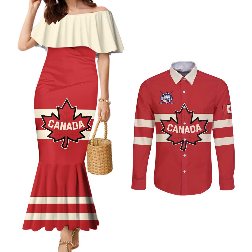 Custom Canada Hockey Couples Matching Mermaid Dress and Long Sleeve Button Shirt Canada Team Go Champions