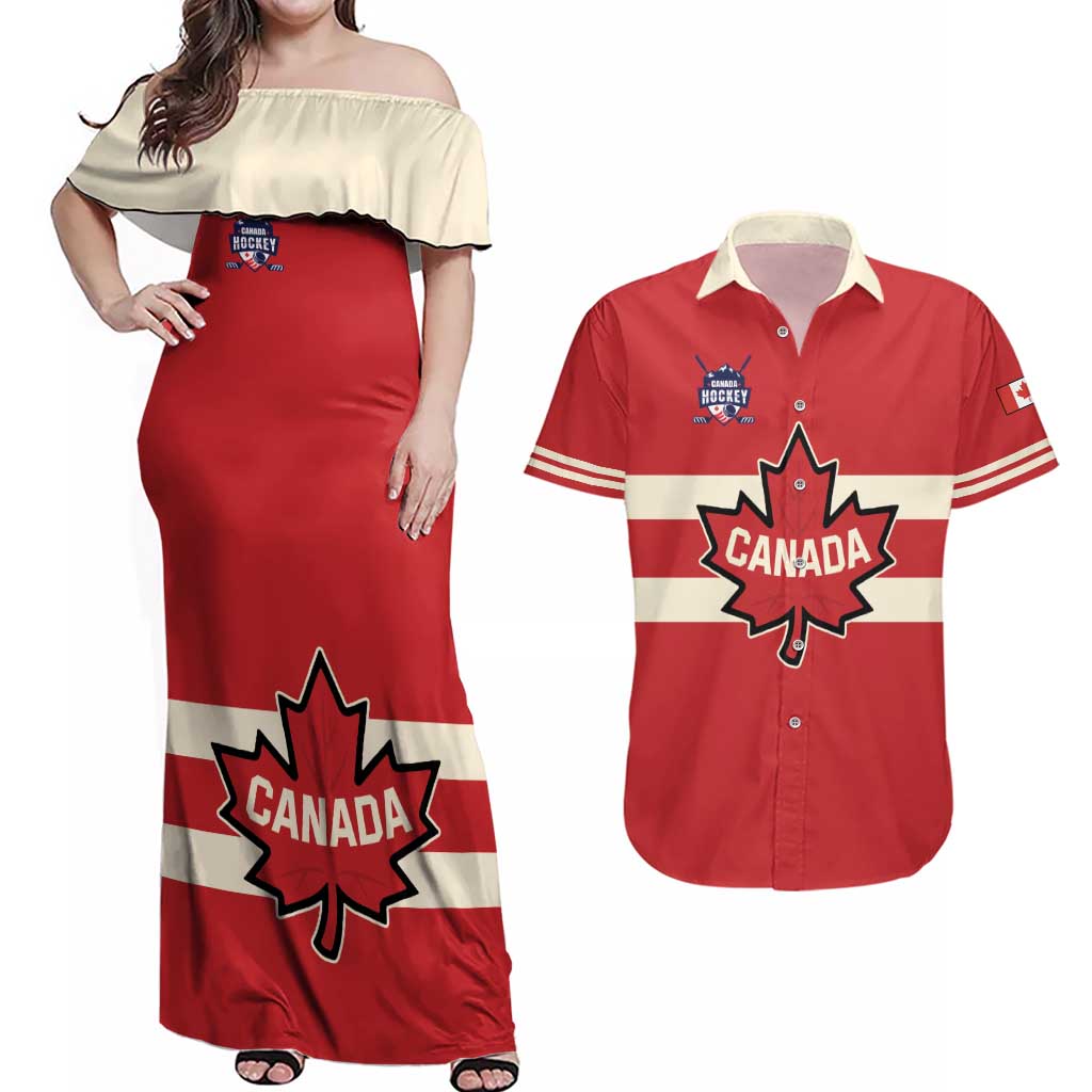 Custom Canada Hockey Couples Matching Off Shoulder Maxi Dress and Hawaiian Shirt Canada Team Go Champions