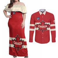 Custom Canada Hockey Couples Matching Off Shoulder Maxi Dress and Long Sleeve Button Shirt Canada Team Go Champions
