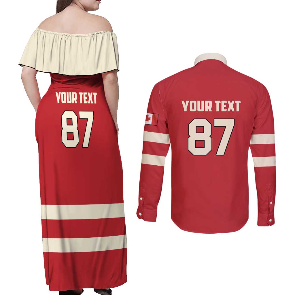 Custom Canada Hockey Couples Matching Off Shoulder Maxi Dress and Long Sleeve Button Shirt Canada Team Go Champions