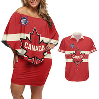 Custom Canada Hockey Couples Matching Off Shoulder Short Dress and Hawaiian Shirt Canada Team Go Champions