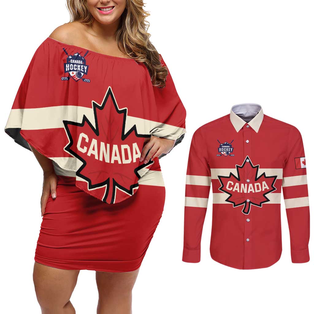 Custom Canada Hockey Couples Matching Off Shoulder Short Dress and Long Sleeve Button Shirt Canada Team Go Champions