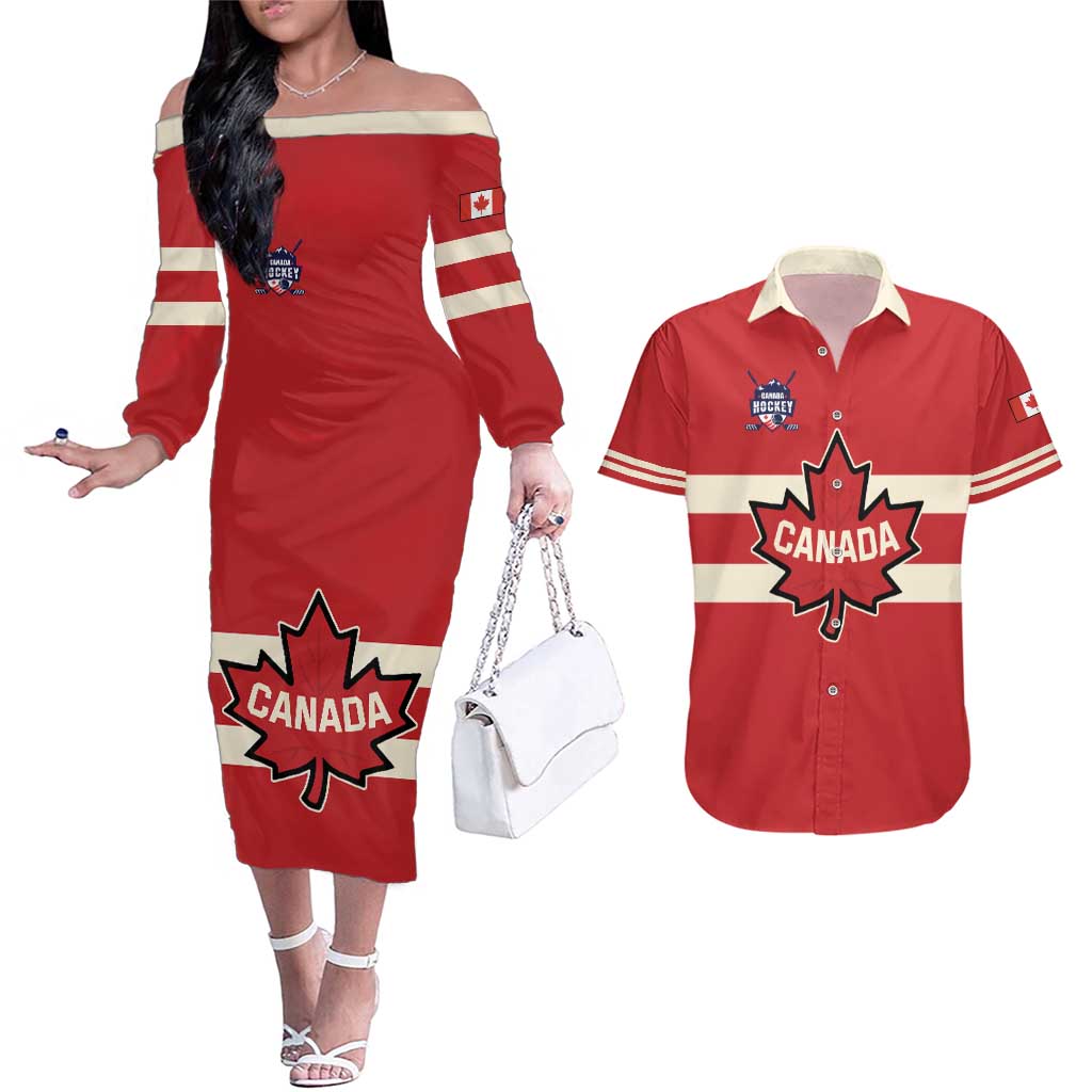 Custom Canada Hockey Couples Matching Off The Shoulder Long Sleeve Dress and Hawaiian Shirt Canada Team Go Champions