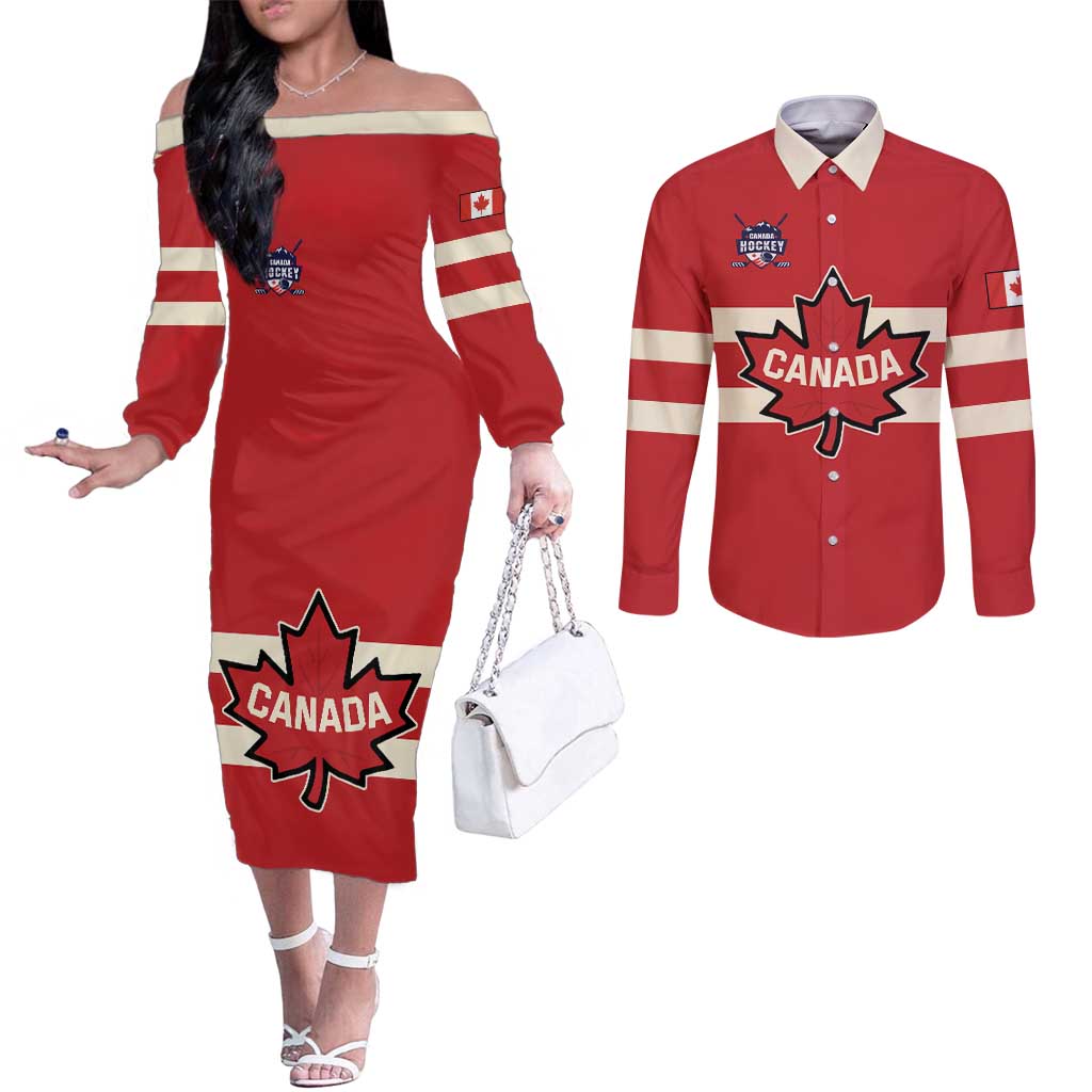 Custom Canada Hockey Couples Matching Off The Shoulder Long Sleeve Dress and Long Sleeve Button Shirt Canada Team Go Champions