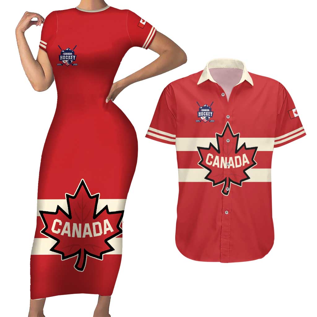 Custom Canada Hockey Couples Matching Short Sleeve Bodycon Dress and Hawaiian Shirt Canada Team Go Champions
