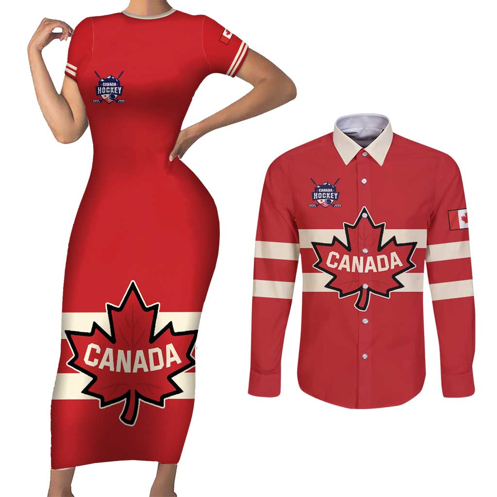 Custom Canada Hockey Couples Matching Short Sleeve Bodycon Dress and Long Sleeve Button Shirt Canada Team Go Champions