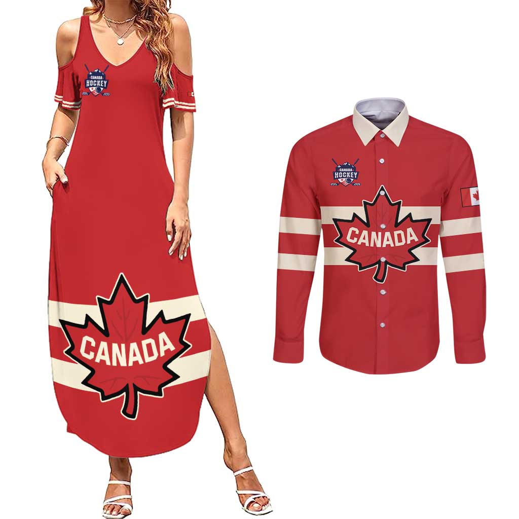 Custom Canada Hockey Couples Matching Summer Maxi Dress and Long Sleeve Button Shirt Canada Team Go Champions