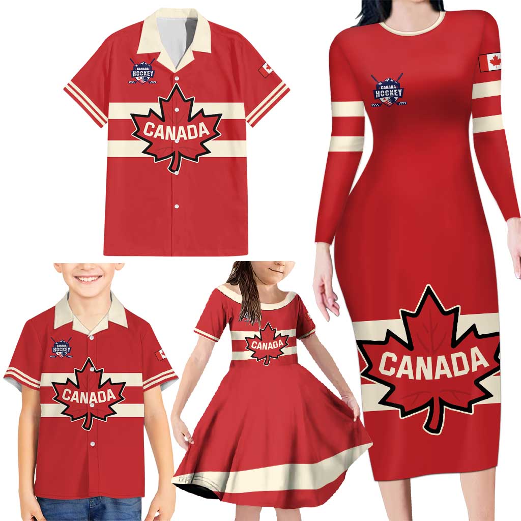 Custom Canada Hockey Family Matching Long Sleeve Bodycon Dress and Hawaiian Shirt Canada Team Go Champions