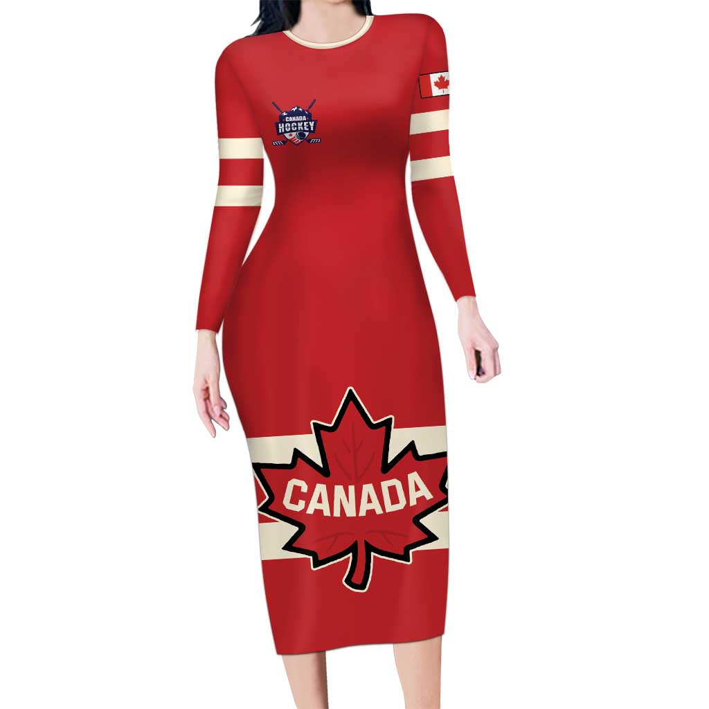 Custom Canada Hockey Family Matching Long Sleeve Bodycon Dress and Hawaiian Shirt Canada Team Go Champions
