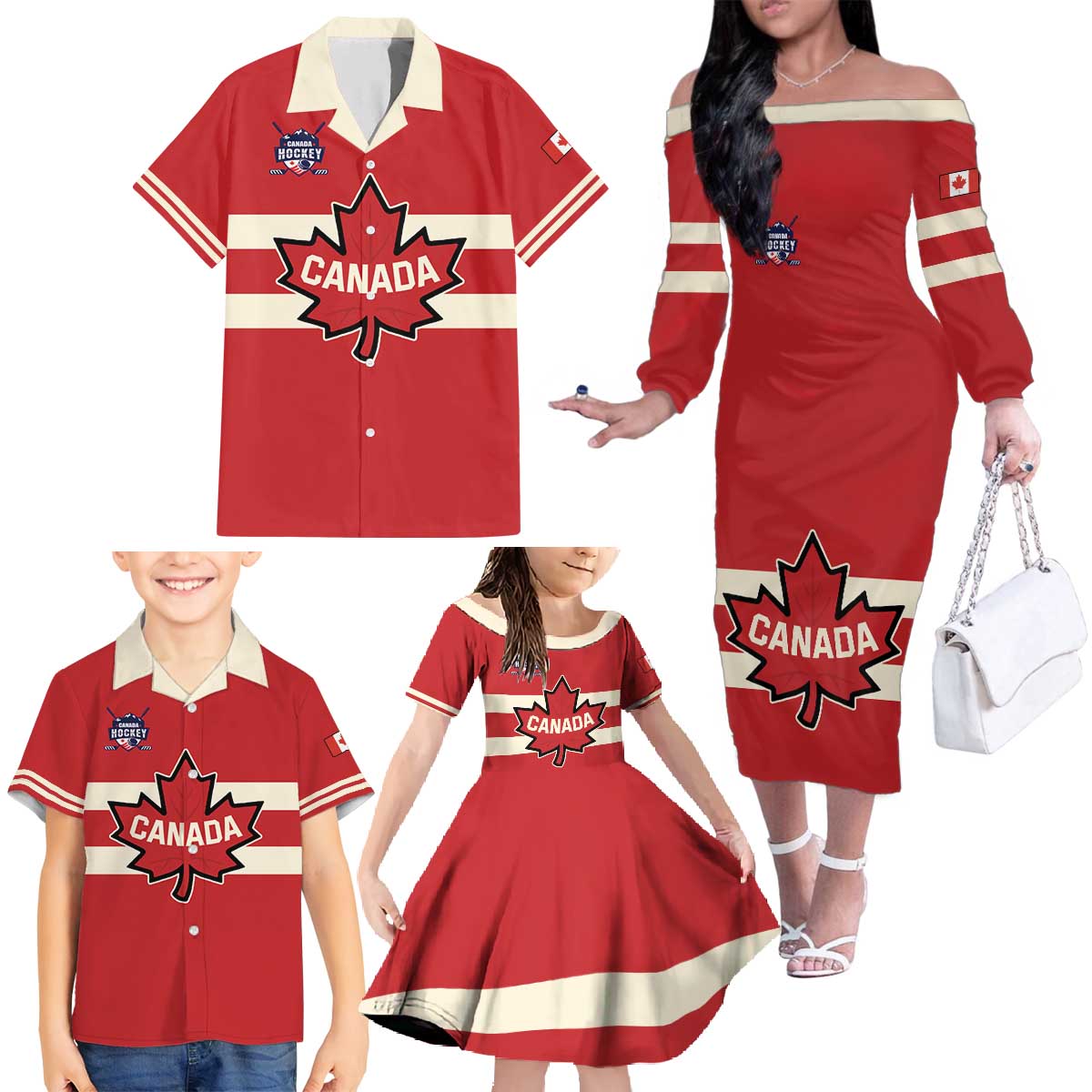 Custom Canada Hockey Family Matching Off The Shoulder Long Sleeve Dress and Hawaiian Shirt Canada Team Go Champions