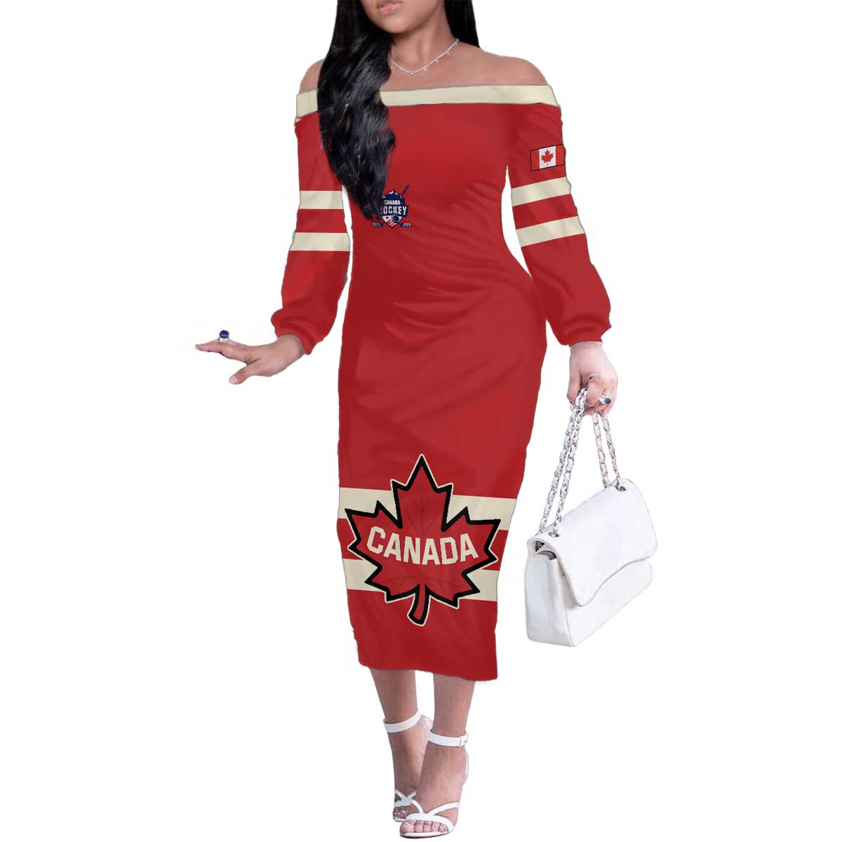 Custom Canada Hockey Family Matching Off The Shoulder Long Sleeve Dress and Hawaiian Shirt Canada Team Go Champions