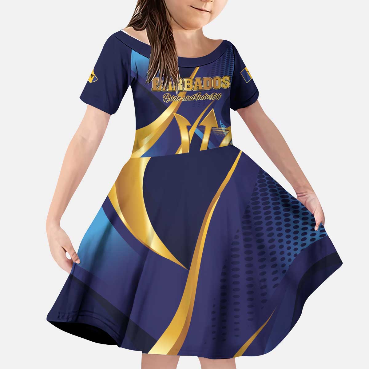 Personalized Barbados Gold Trident Kid Short Sleeve Dress Luxury Style