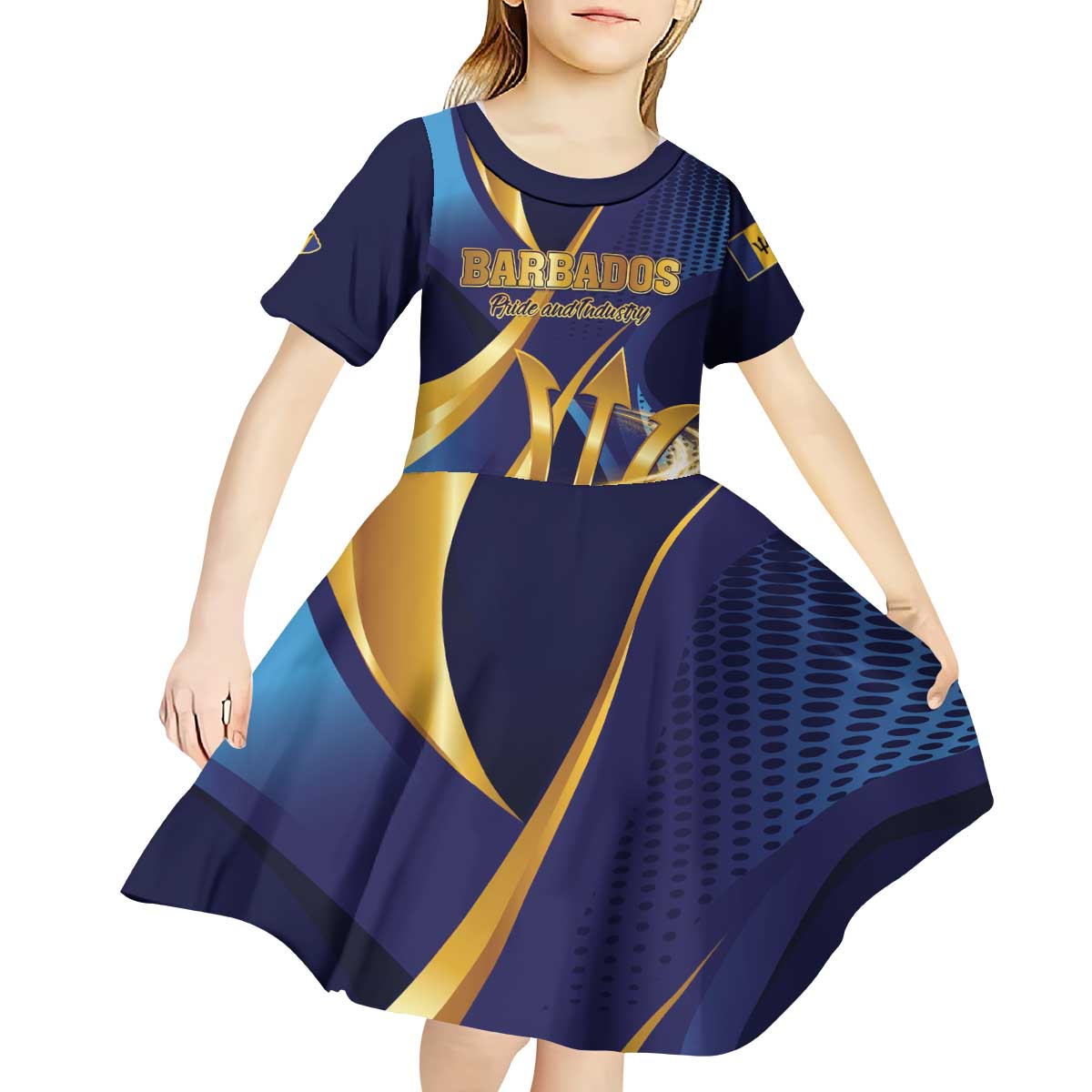 Personalized Barbados Gold Trident Kid Short Sleeve Dress Luxury Style