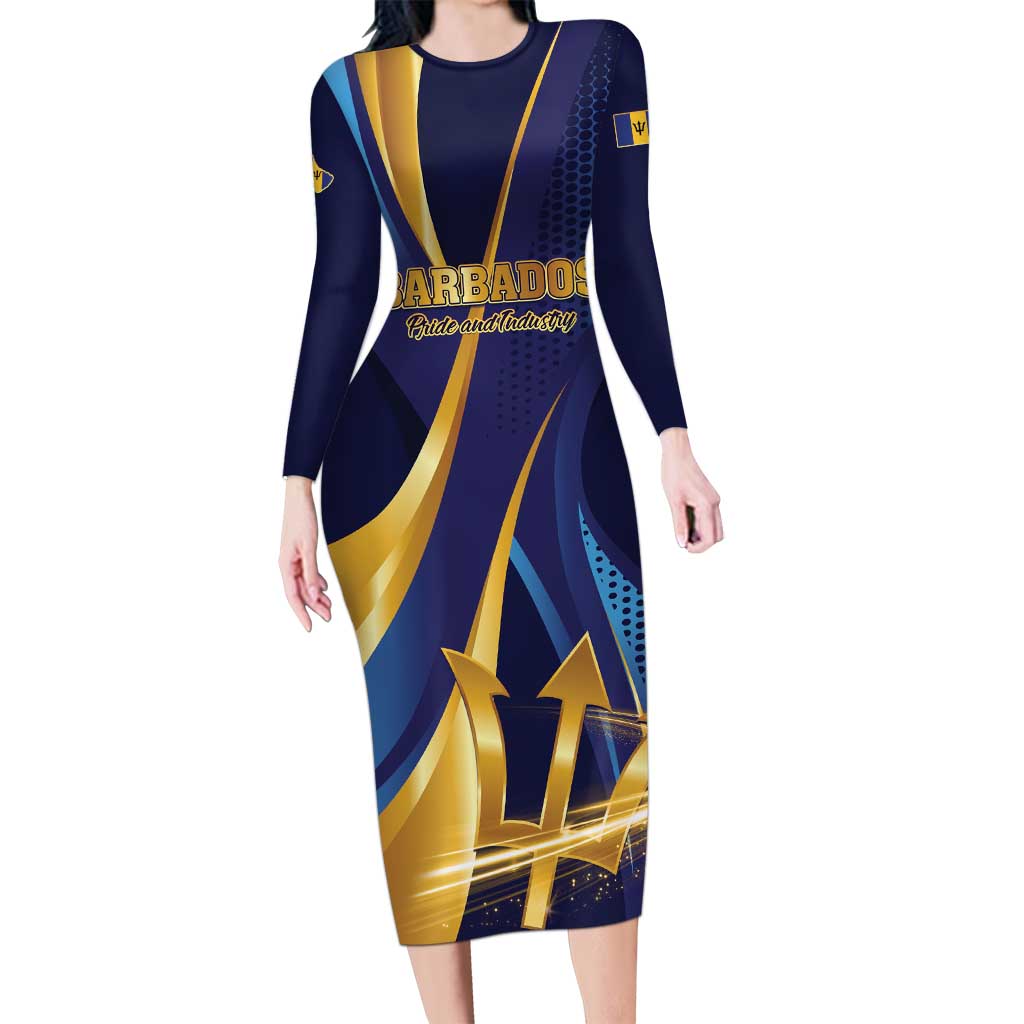 Personalized Barbados Gold Trident Long Sleeve Bodycon Dress Luxury Style