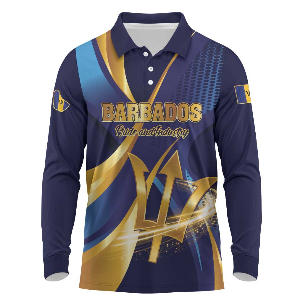 Personalized Barbados Gold Trident Long Sleeve Polo Shirt Luxury Style