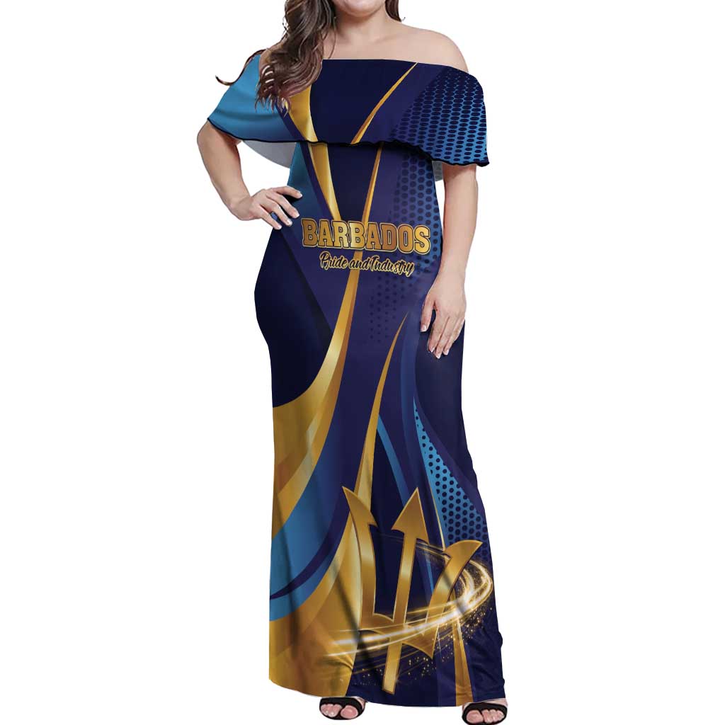 Personalized Barbados Gold Trident Off Shoulder Maxi Dress Luxury Style