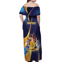 Personalized Barbados Gold Trident Off Shoulder Maxi Dress Luxury Style