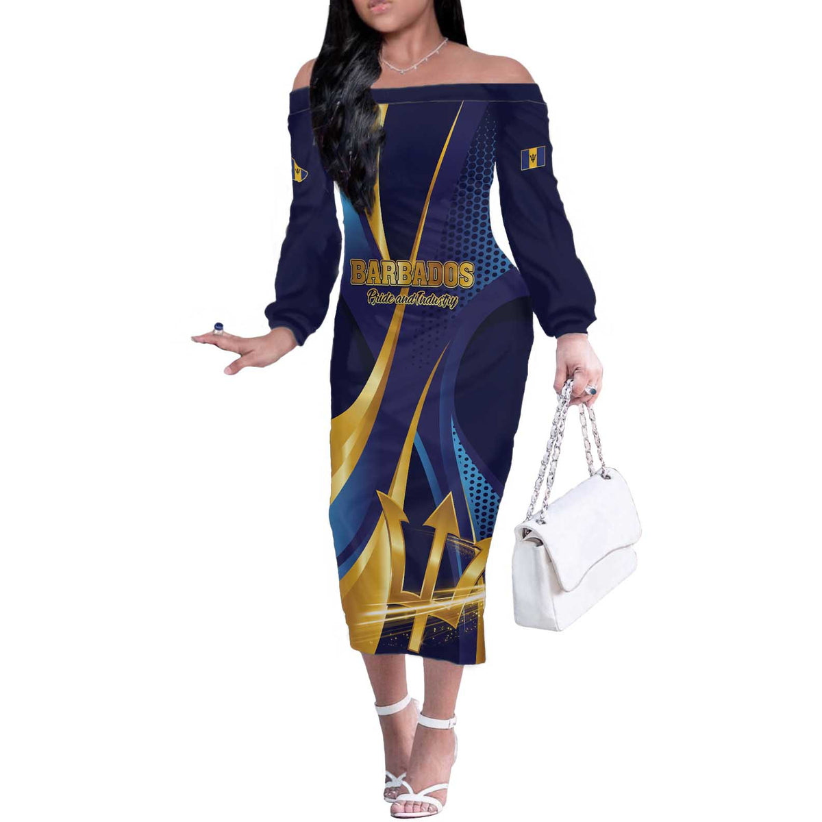 Personalized Barbados Gold Trident Off The Shoulder Long Sleeve Dress Luxury Style