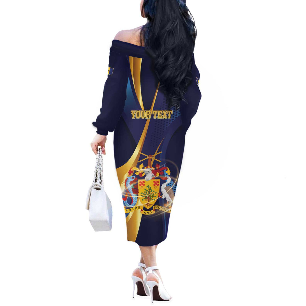 Personalized Barbados Gold Trident Off The Shoulder Long Sleeve Dress Luxury Style
