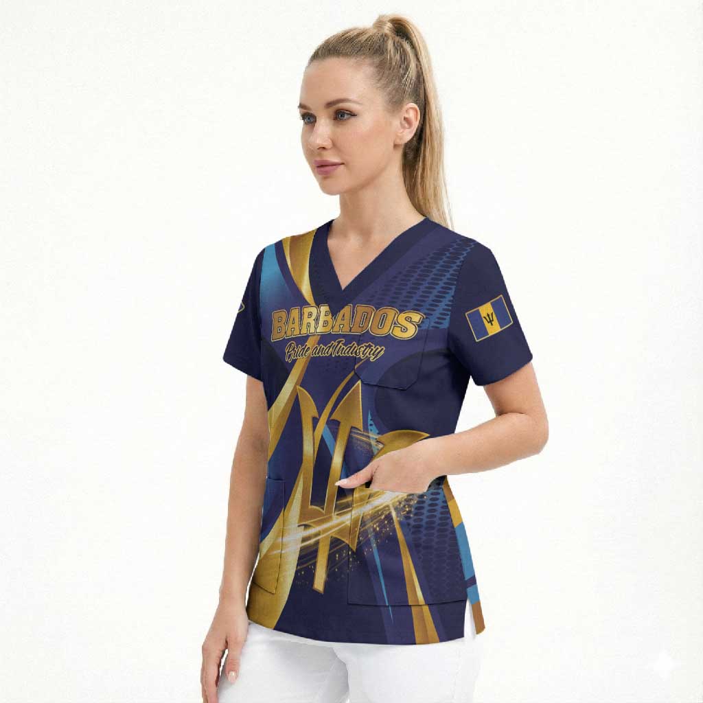 Personalized Barbados Gold Trident Scrub Top Luxury Style