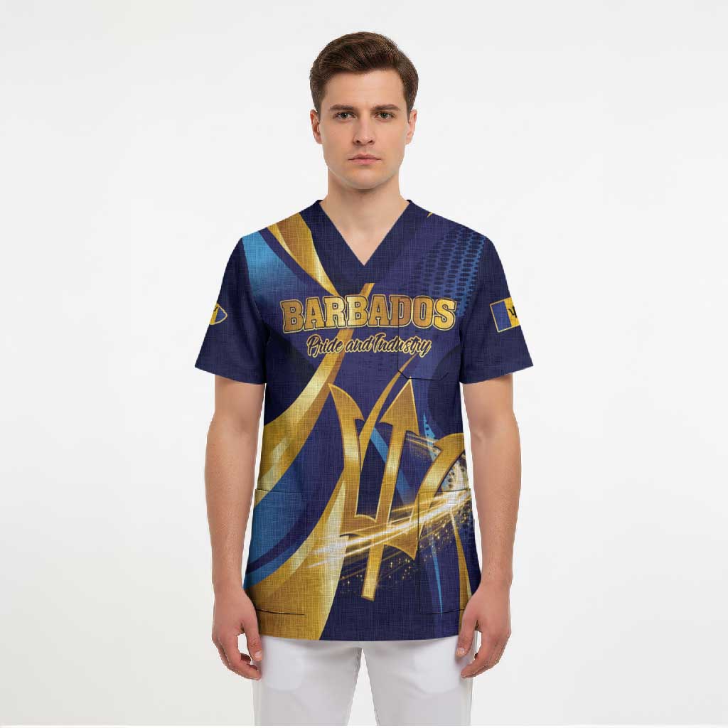Personalized Barbados Gold Trident Scrub Top Luxury Style