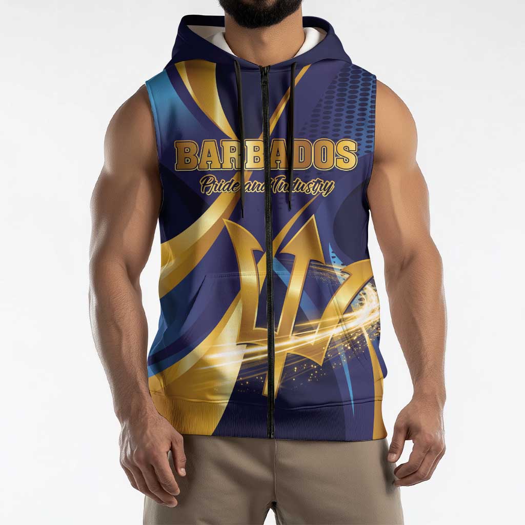 Personalized Barbados Gold Trident Sleeveless Zip Hoodie Luxury Style
