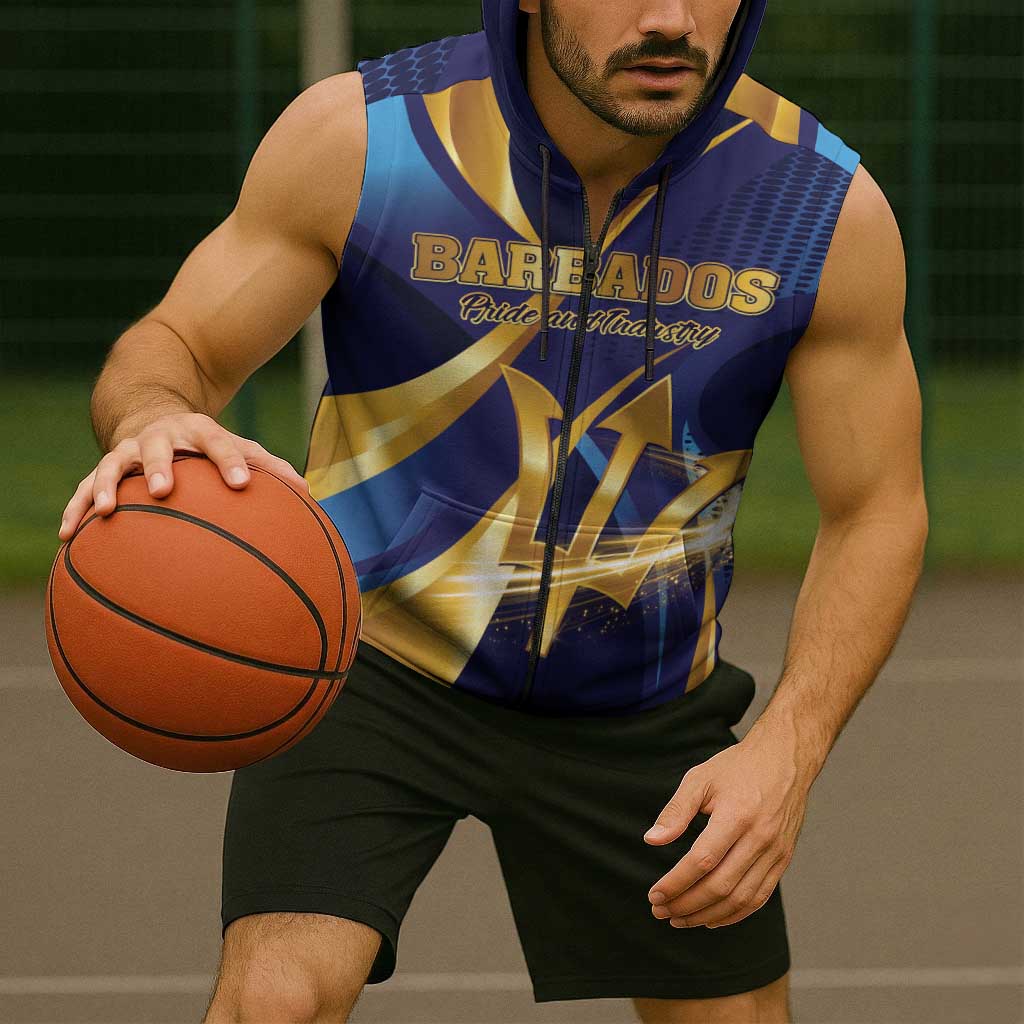 Personalized Barbados Gold Trident Sleeveless Zip Hoodie Luxury Style