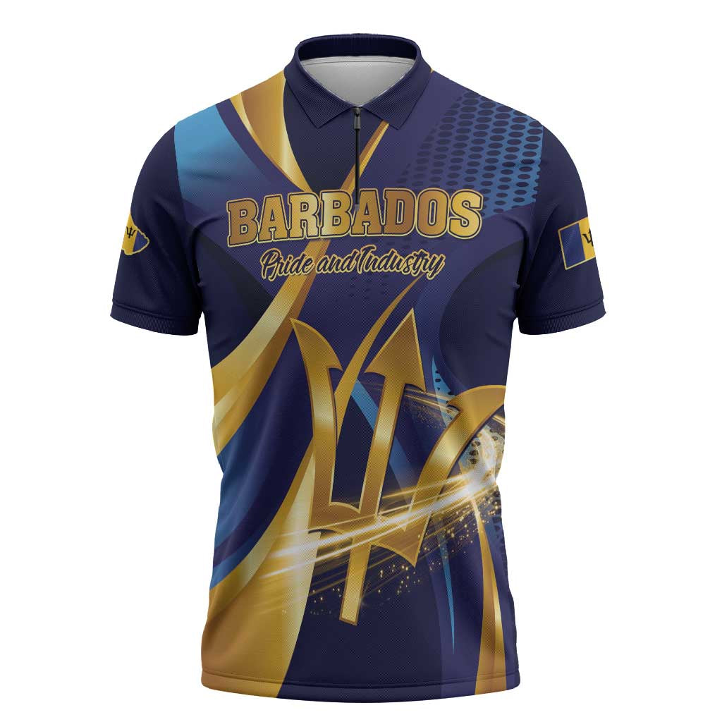 Personalized Barbados Gold Trident Zipper Polo Shirt Luxury Style