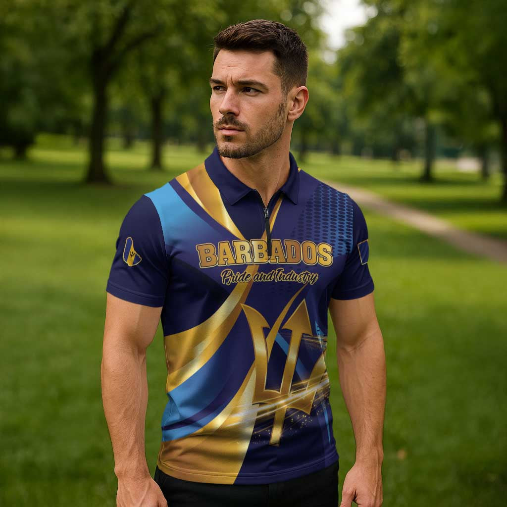 Personalized Barbados Gold Trident Zipper Polo Shirt Luxury Style