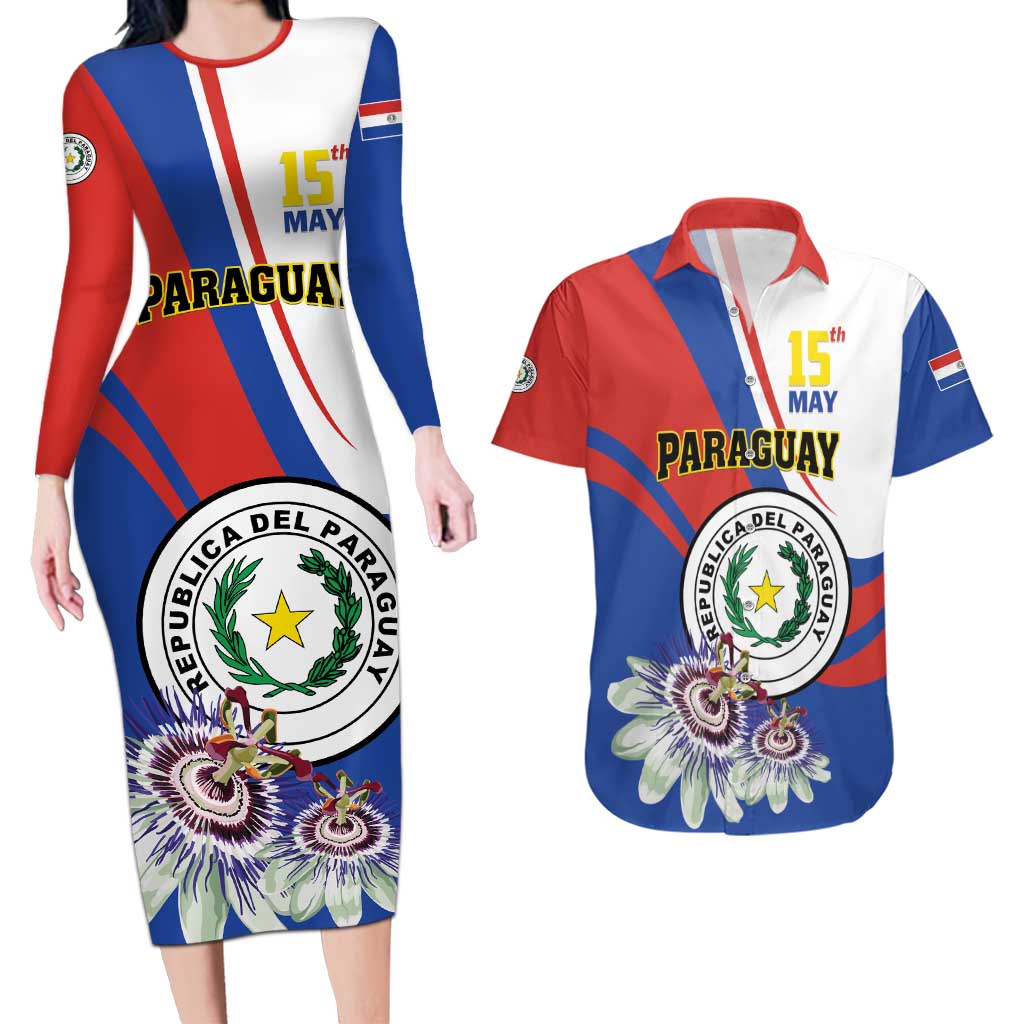 Personalized Paraguay Independence Day 2025 Couples Matching Long Sleeve Bodycon Dress and Hawaiian Shirt Passiflora Paz y justicia