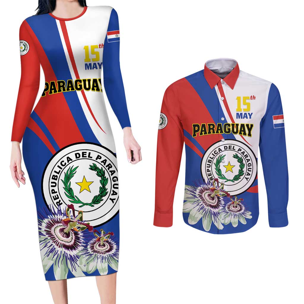 Personalized Paraguay Independence Day 2025 Couples Matching Long Sleeve Bodycon Dress and Long Sleeve Button Shirt Passiflora Paz y justicia