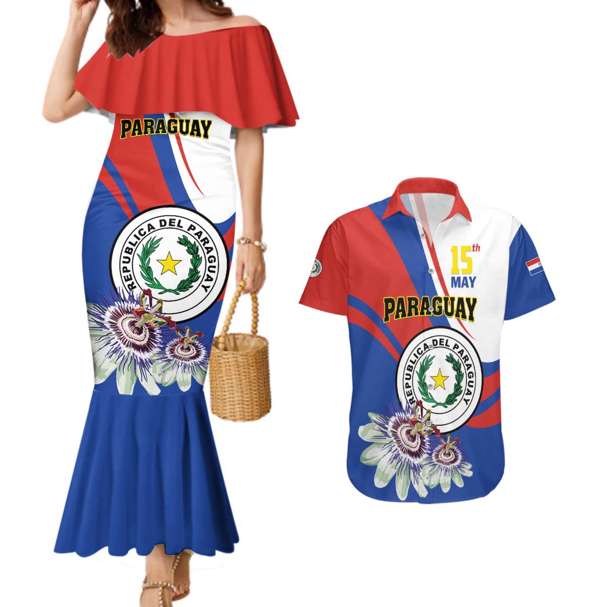 Personalized Paraguay Independence Day 2025 Couples Matching Mermaid Dress and Hawaiian Shirt Passiflora Paz y justicia