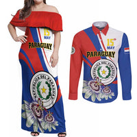 Personalized Paraguay Independence Day 2025 Couples Matching Off Shoulder Maxi Dress and Long Sleeve Button Shirt Passiflora Paz y justicia