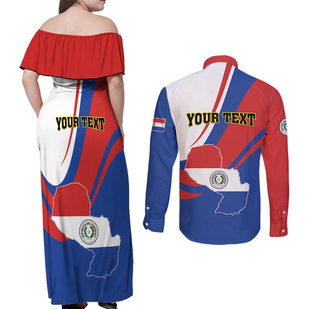 Personalized Paraguay Independence Day 2025 Couples Matching Off Shoulder Maxi Dress and Long Sleeve Button Shirt Passiflora Paz y justicia