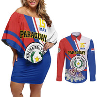 Personalized Paraguay Independence Day 2025 Couples Matching Off Shoulder Short Dress and Long Sleeve Button Shirt Passiflora Paz y justicia