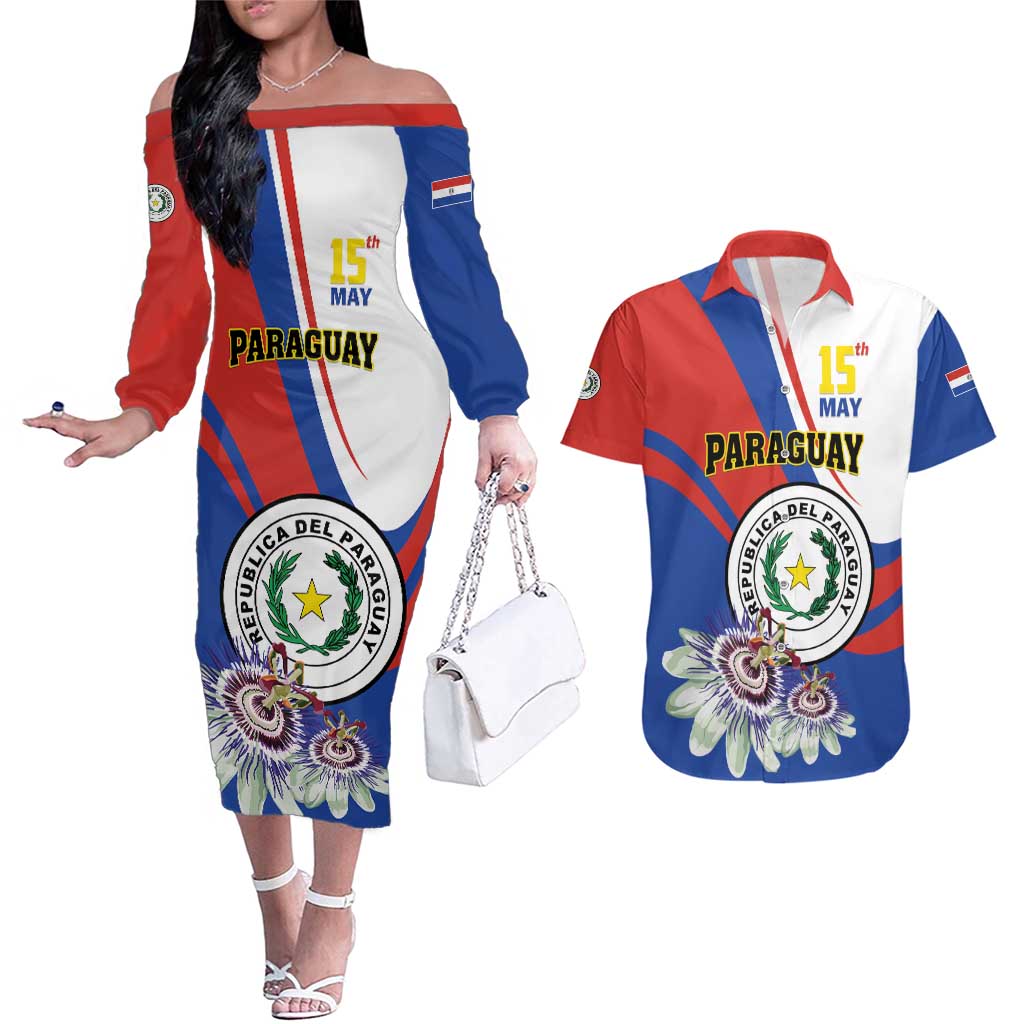 Personalized Paraguay Independence Day 2025 Couples Matching Off The Shoulder Long Sleeve Dress and Hawaiian Shirt Passiflora Paz y justicia